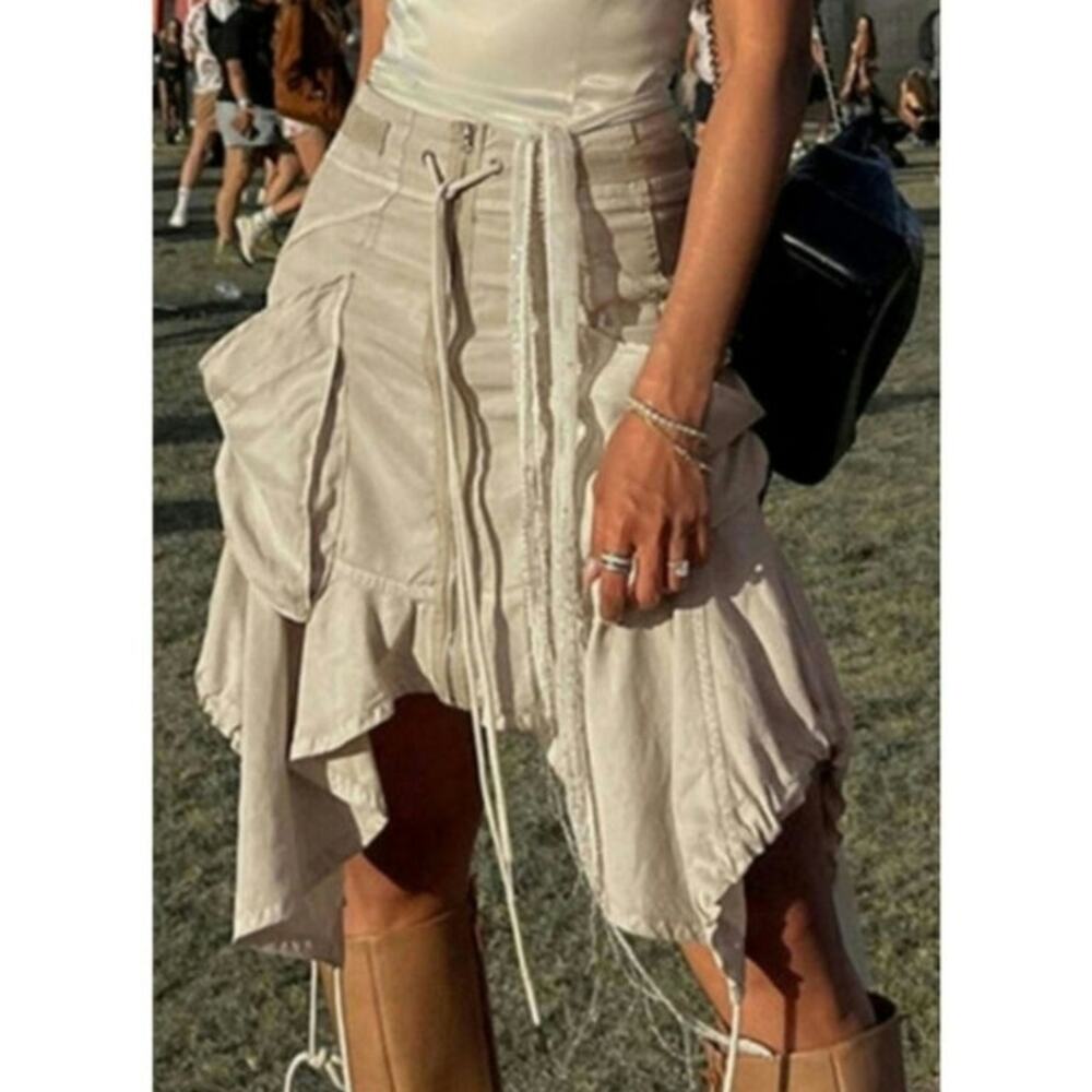 Free People Beige Asymmetrical Ruffled Mini Skirt